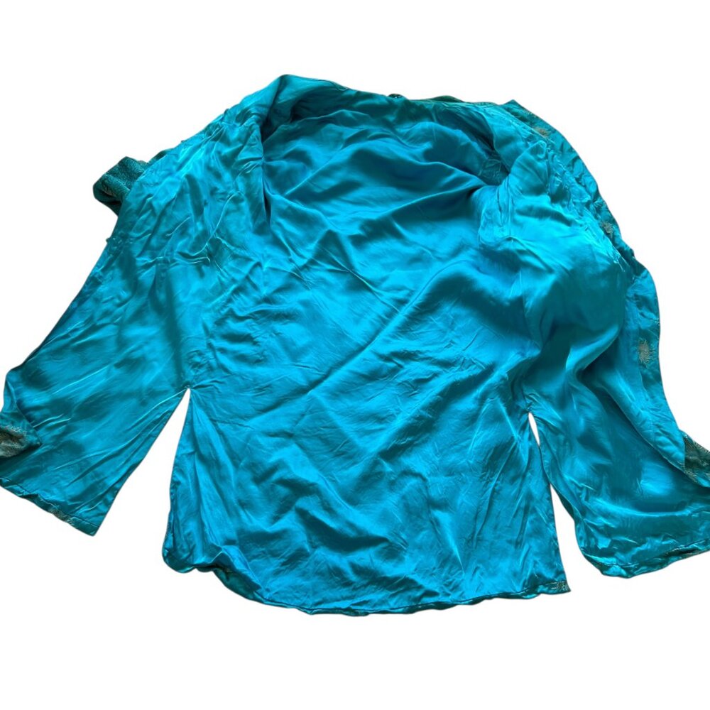 Traditional Chinese smoking jacket blue silky chrysanthemum floral design Small - Picture 5 of 11